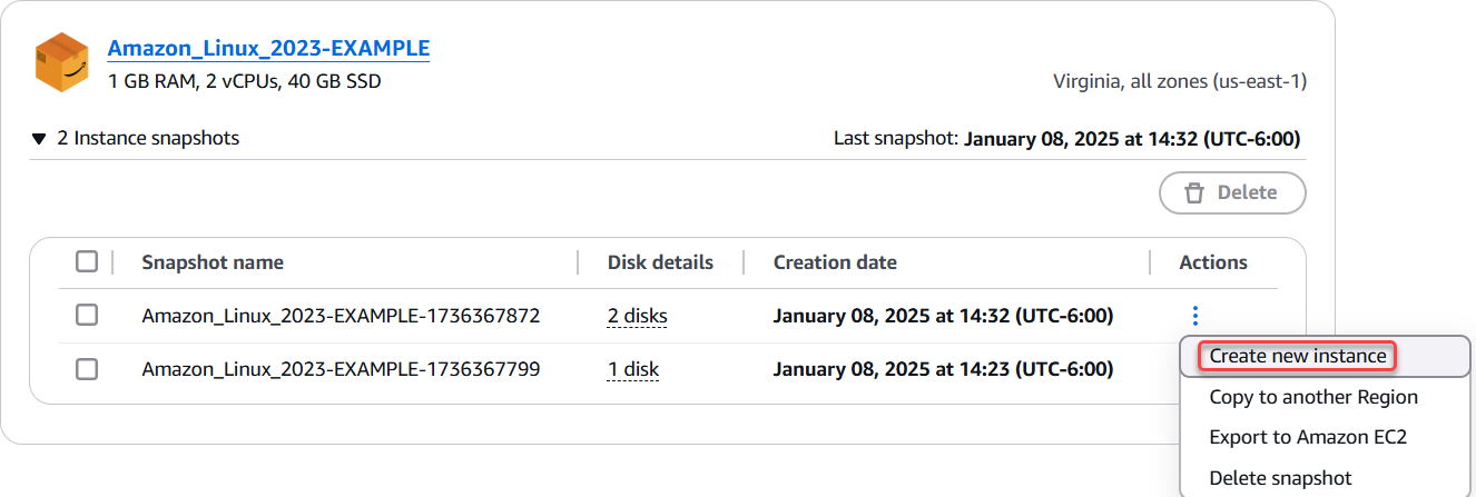 Crie um novo recurso a partir de um snapshot no console do Lightsail.