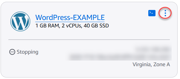 Menu de ações da instância Lightsail.