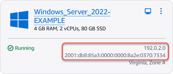 Endereço IP público de uma instância no console do Lightsail.