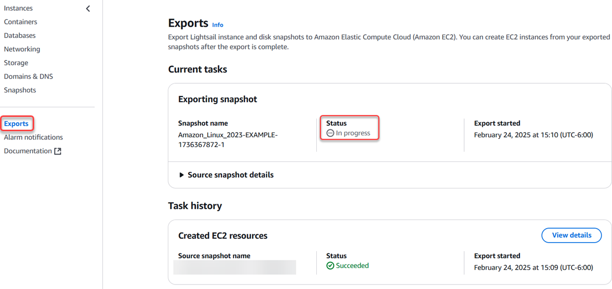 A seção de exportações do console Lightsail.