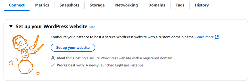 Iniciando a WordPress configuração no Lightsail.
