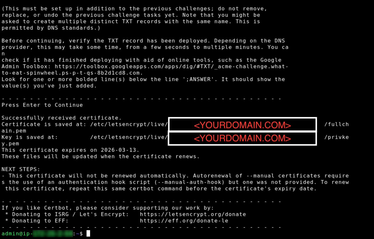Solicitação de certificado Let's Encrypt bem-sucedida.