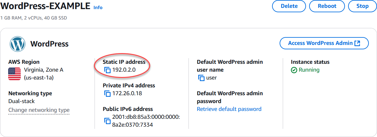 Endereço IP estático da instância na área de cabeçalho da página de gerenciamento da instância.