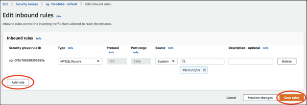 Captura de tela da guia Detalhes das regras de entrada do console do Amazon RDS.