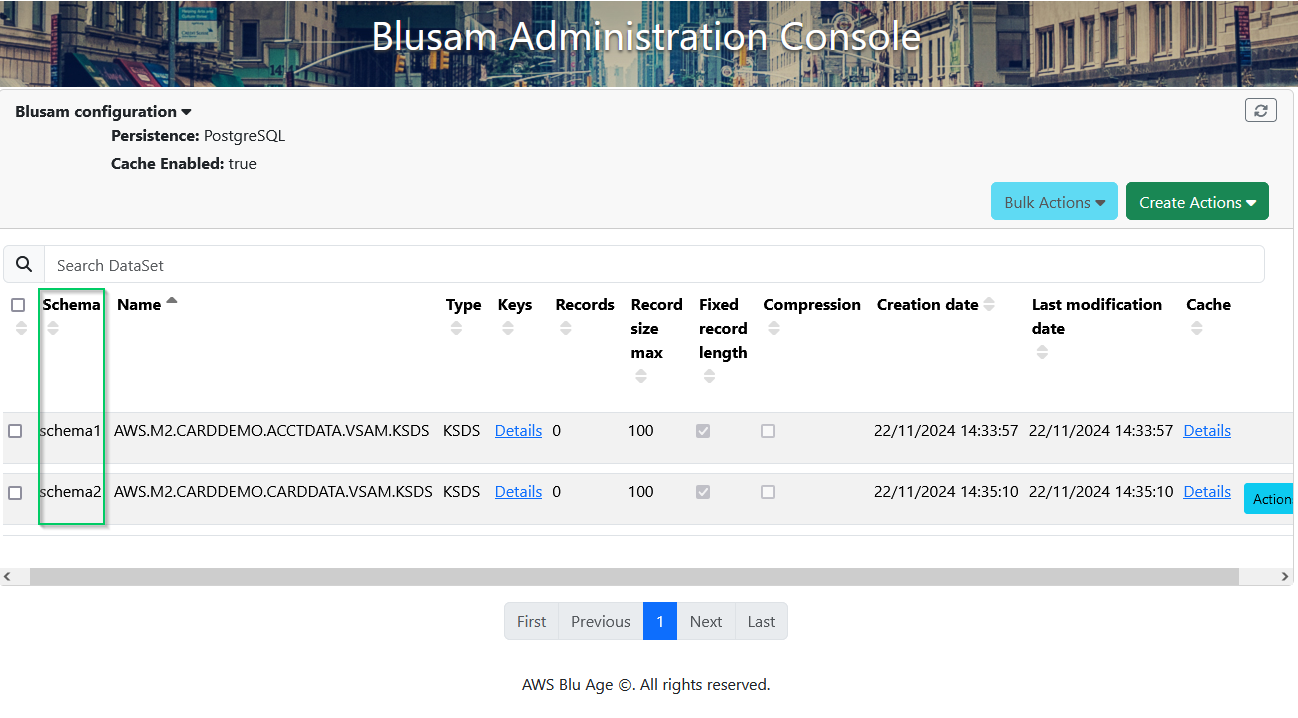 Blusam Administration Console showing configuration details and dataset information.
