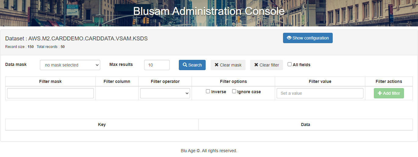 Blusam Administration Console interface for dataset management with search and filter options.