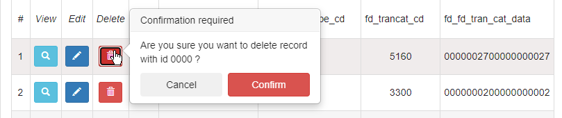 Confirmation dialog for deleting a record, with Cancel and Confirm options.