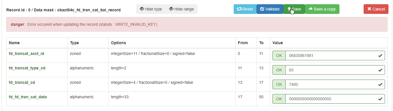 Data entry form with error message and fields for transaction details.