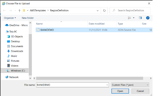 A caixa de escolha do arquivo para upload com o arquivo BANKDEMO selecionado.