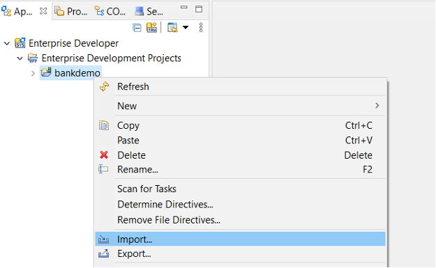 O menu de contexto do projeto com a importação selecionada.