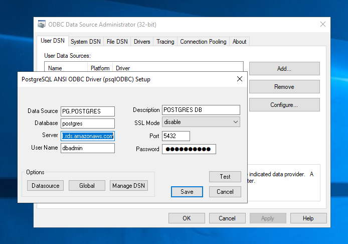 Configurando a conexão ODBC do Postgres no Enterprise Developer.