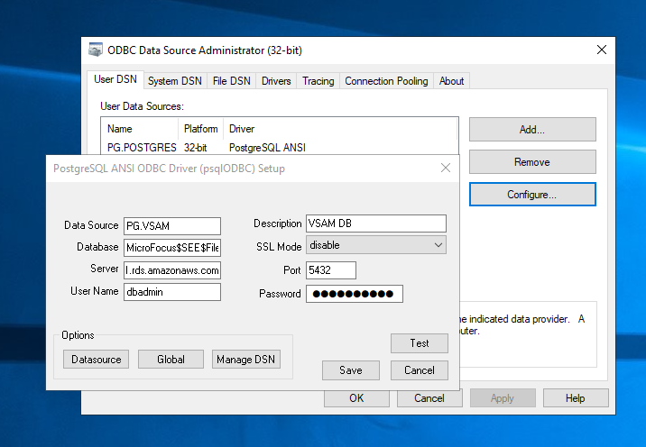 Configuração da fonte de dados PG.VSAM ODBC no Enterprise Developer.