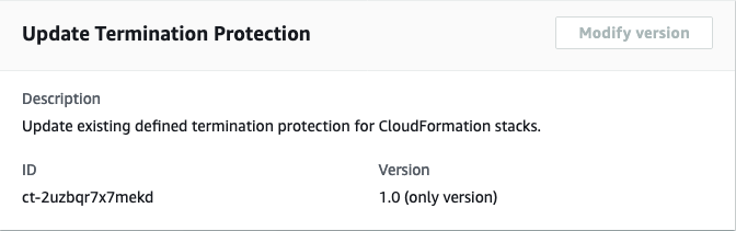 Update Termination Protection interface showing description, ID, and version fields.