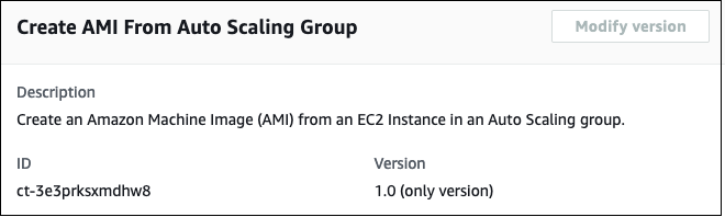 Console interface showing "Create AMI From Auto Scaling Group" with description and version details.