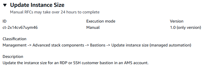 Update Instance Size interface showing ID, execution mode, version, and description details.