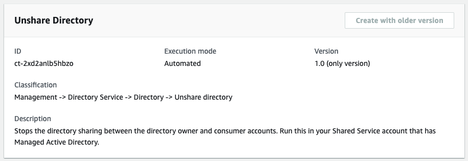 Unshare Directory details showing ID, execution mode, version, and description.
