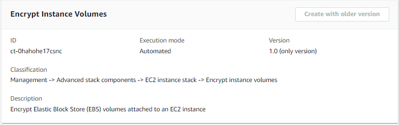 Console avançado do AMS, crie uma seção RFC, altere a caixa de detalhes do tipo para ct-0hahohe17csnc: Criptografe volumes de instâncias da Amazon. EC2