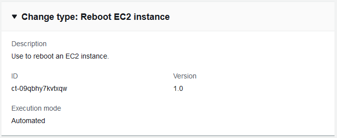 Alteração type details for rebooting an EC2 instance, including ID and version.