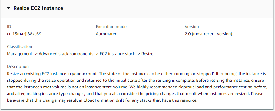 EC2 instance resize details showing ID, execution mode, version, and description.