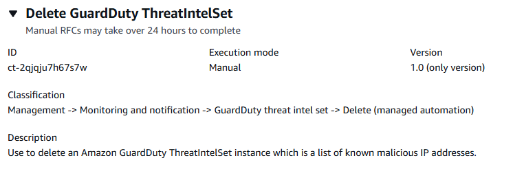 Delete GuardDuty ThreatIntelSet interface showing description, ID, and version details.