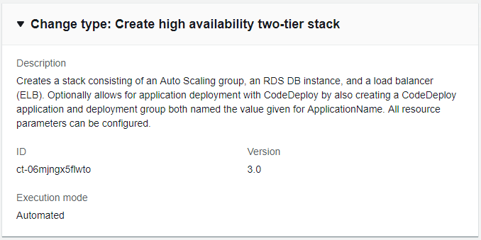 Alteração type details for creating a high availability two-tier stack with configurable parameters.