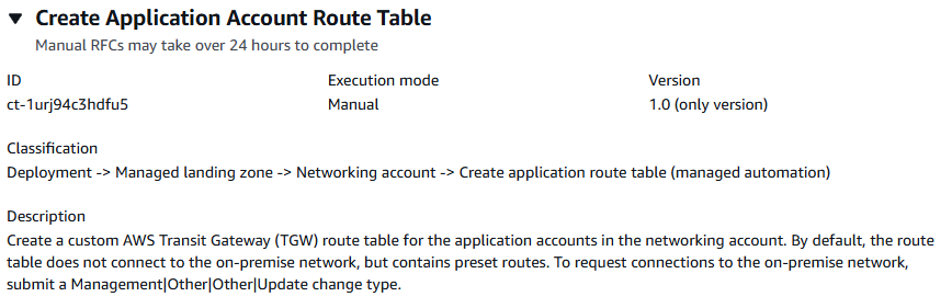 Create Application Account Route Table interface showing ID, execution mode, version, and classification details.