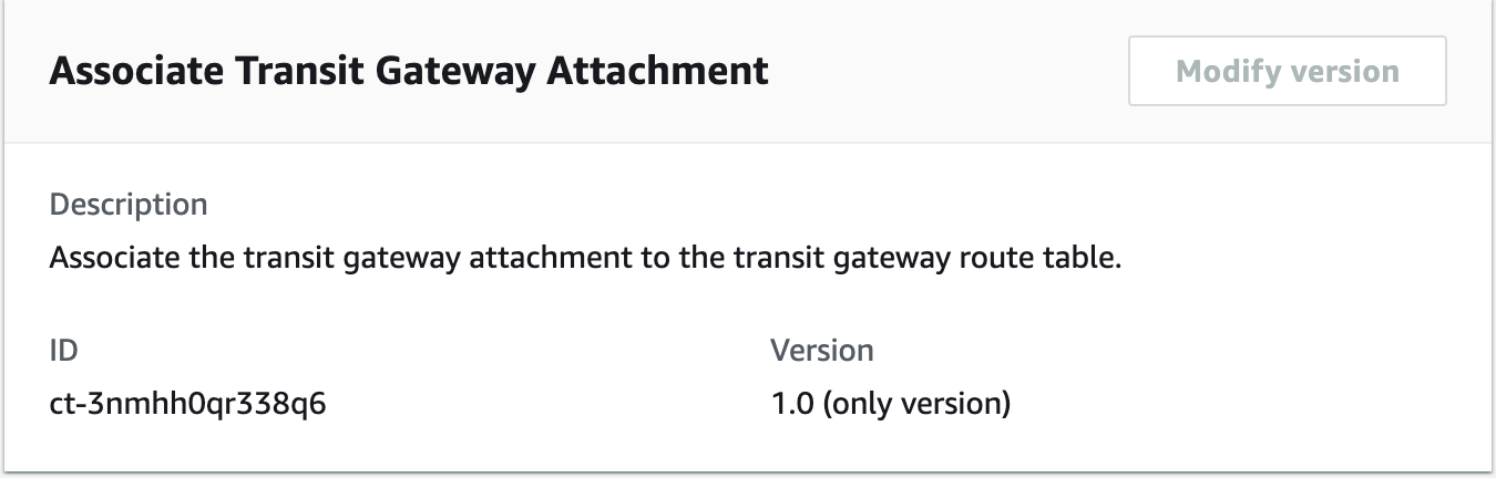 Associate Transit Gateway Attachment details showing ID and version information.