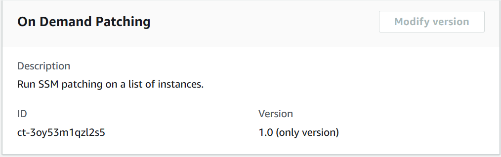On Demand Patching details showing description, ID, and version for SSM patching on instances.