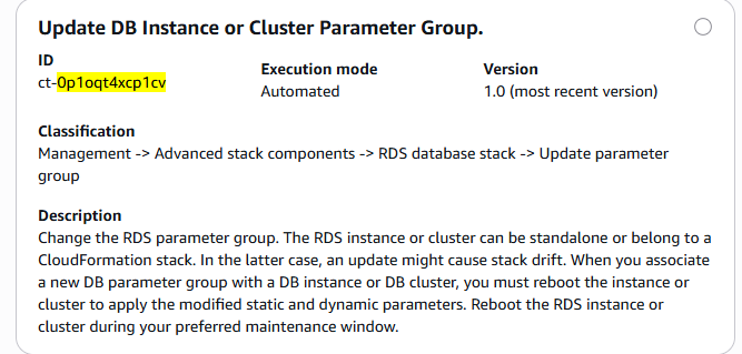 Captura de tela do grupo de parâmetros de atualização do tipo de alteração da instância de banco de dados ou cluster no console do AMS