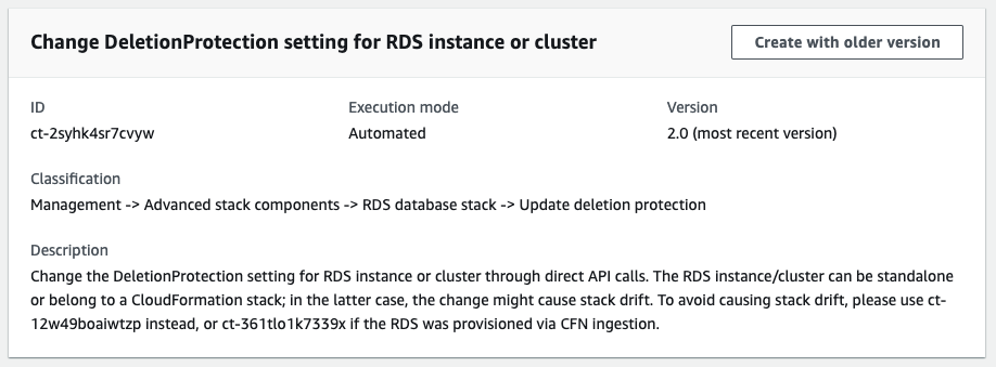 Alteração DeletionProtection setting interface for RDS instance or cluster with execution details.