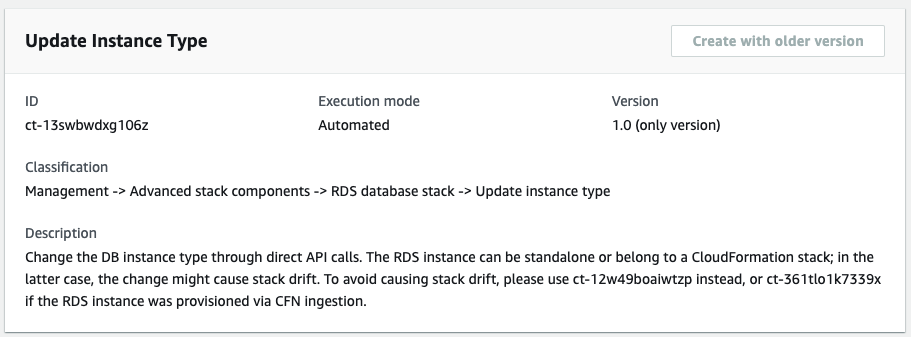 Update Instance Type form showing ID, execution mode, version, and description for RDS database stack change.
