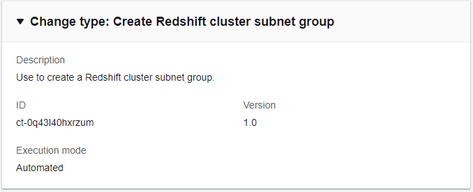 Alteração type details for creating a Redshift cluster subnet group, including ID and version.