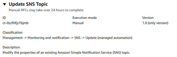 Atualize os detalhes do tipo de alteração do tópico do SNS, incluindo ID, modo de execução e descrição.
