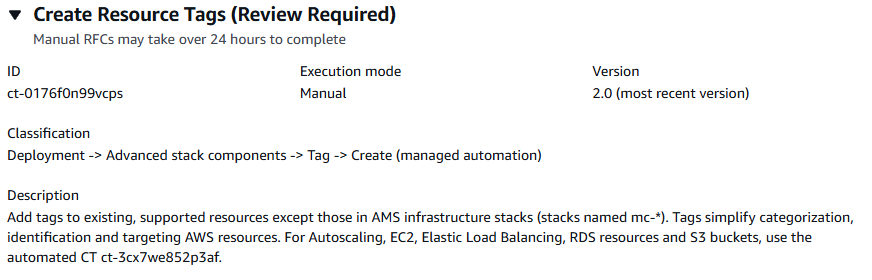 Console interface for creating resource tags, showing details like execution mode and description.