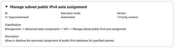 Manage subnet public IPv4 auto assignment panel with ID, execution mode, and classification details.