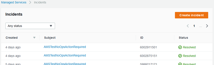 Incidents page showing a list of resolved incidents with their creation dates, subjects, and IDs.