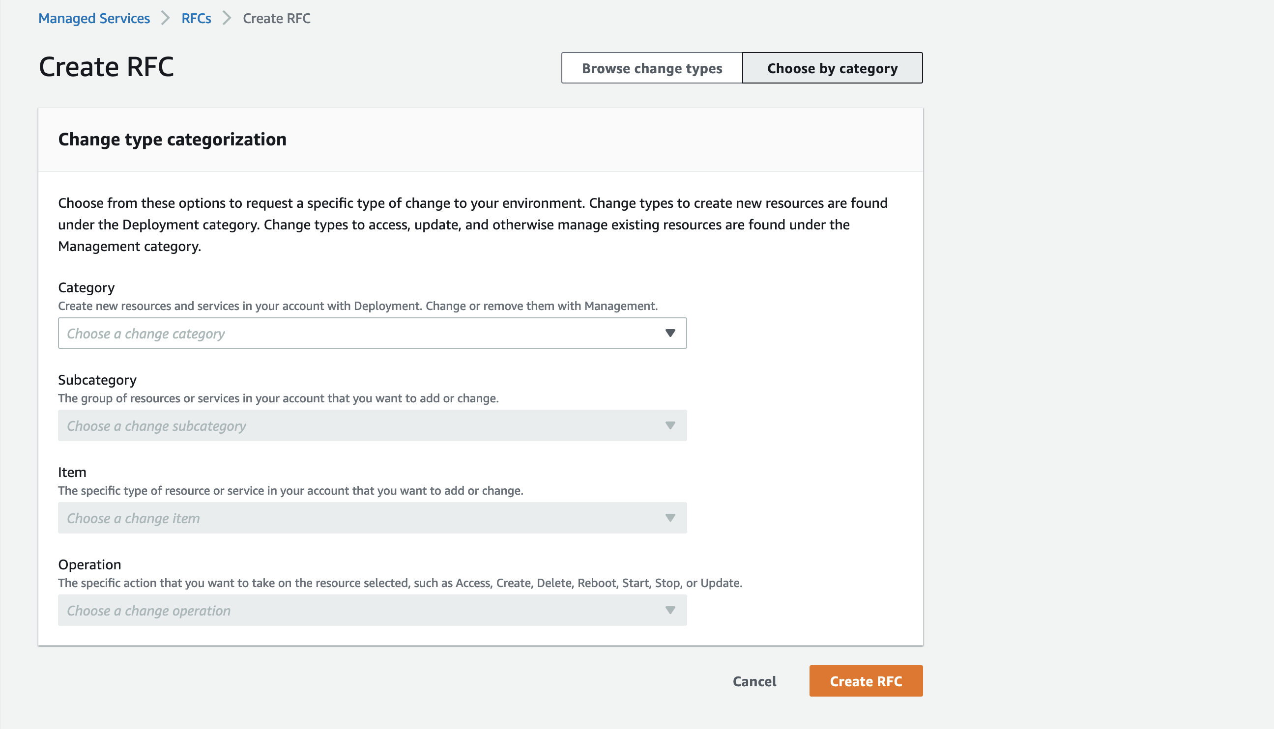 Create RFC page with change type categorization options for managed services environment.