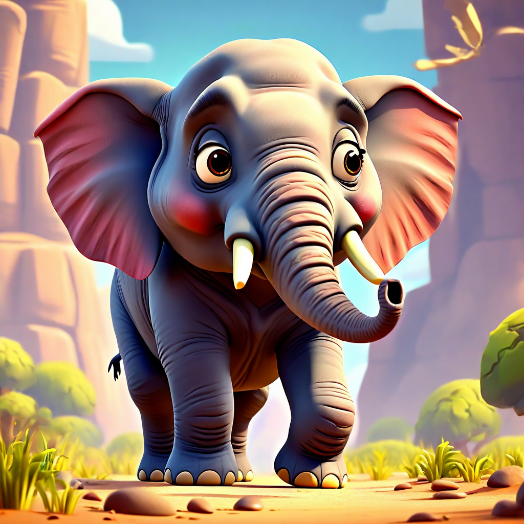 A imagem mostra um elefante no estilo de filme para famílias animado em 3D.