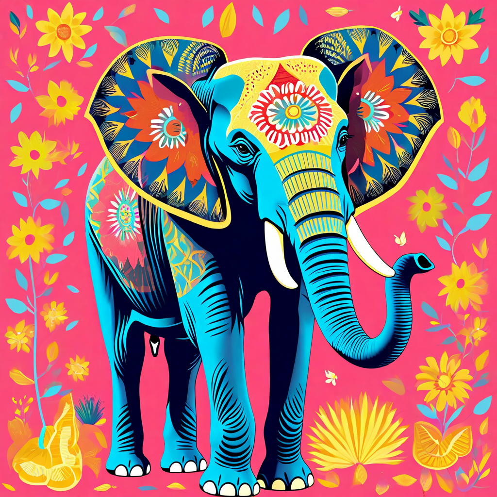 A imagem retrata um elefante no estilo maximalista.