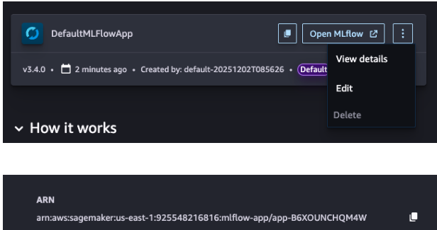 O botão Visualizar detalhes na aplicação MLflow, com o ARN.