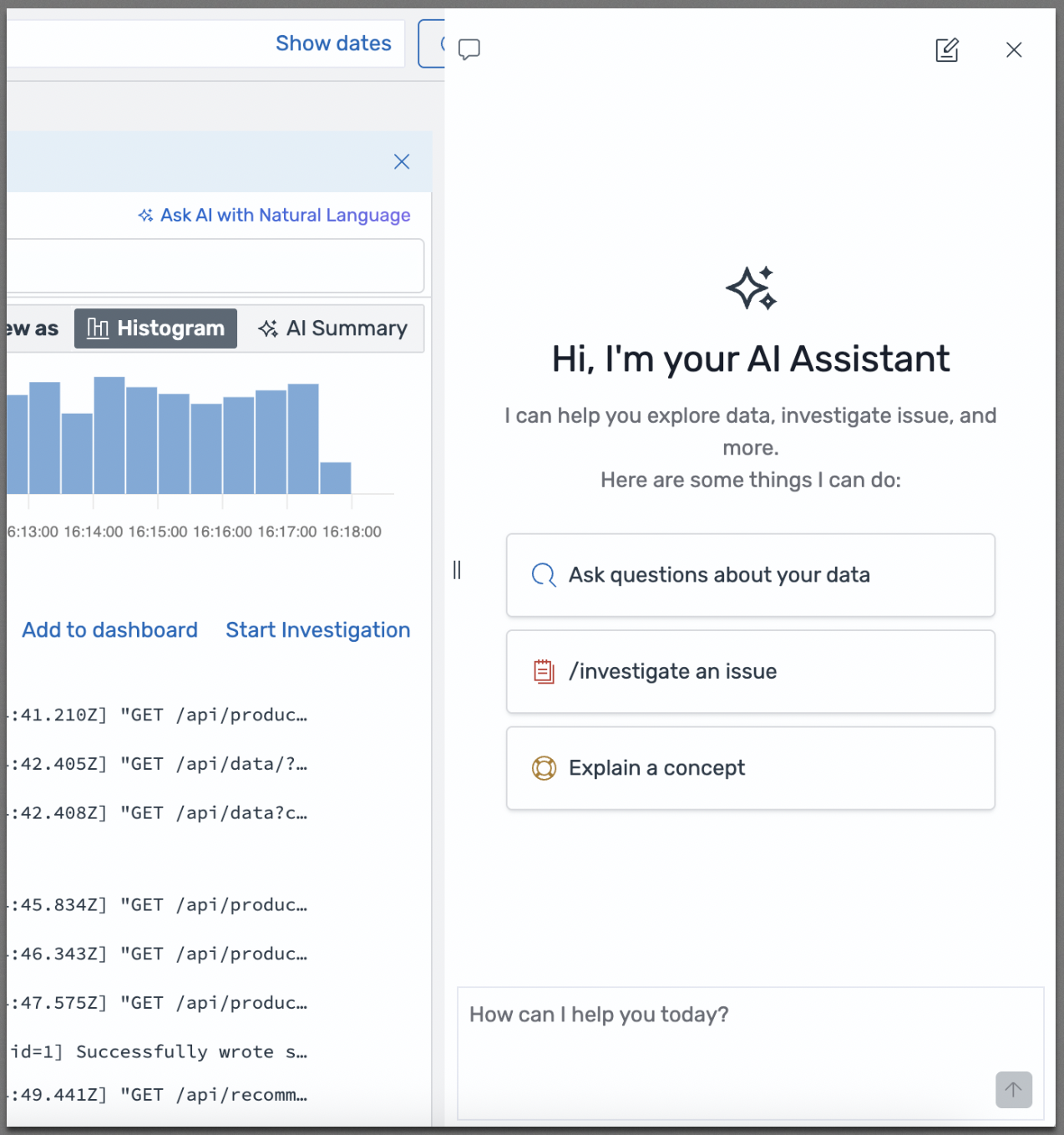 O painel do Agentic Chat mostra a mensagem de boas-vindas do AI Assistant com opções para fazer perguntas sobre seus dados, investigar um problema ou explicar um conceito.