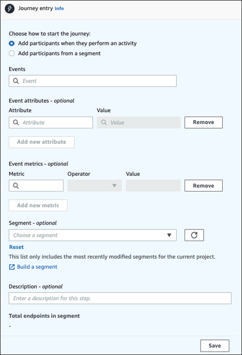 A página de entrada da jornada para adicionar um participante se ele realizar uma determinada atividade na jornada.