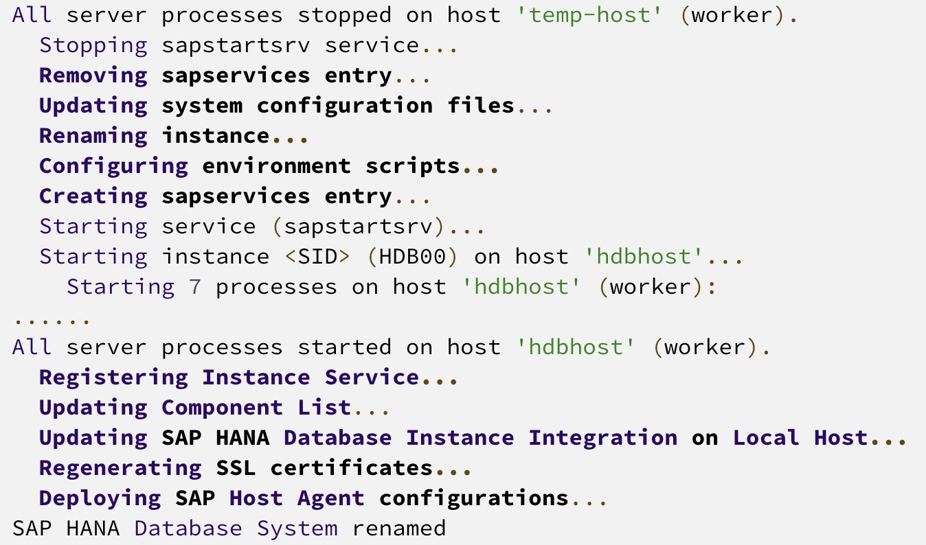 Código que mostra os processos interrompidos em temp-host, iniciados em hdbhost e o sistema de banco de dados do SAP HANA renomeado.
