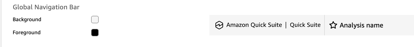 As configurações da barra de navegação global. Use as amostras de plano de fundo e primeiro plano para personalizar as cores de cada item do tema listado na página de configurações do tema.