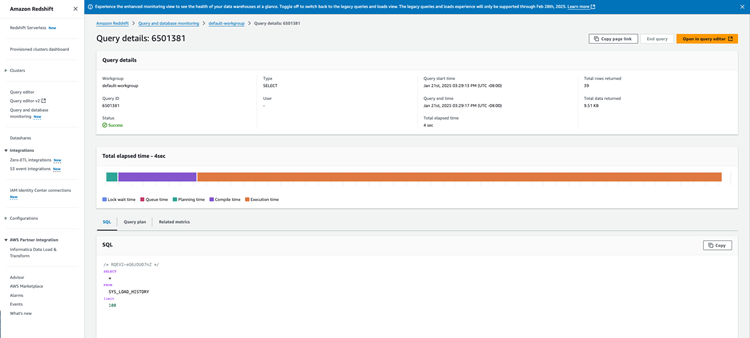 Query details page showing query information, elapsed time breakdown, and SQL details.