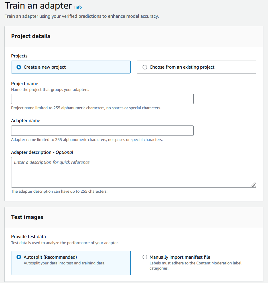 Interface para criar um novo projeto de adaptador com campos para inserir nome do projeto, nome do adaptador, descrição do adaptador, especificar a fonte de dados de teste e dividir dados automaticamente ou importar um arquivo de manifesto.