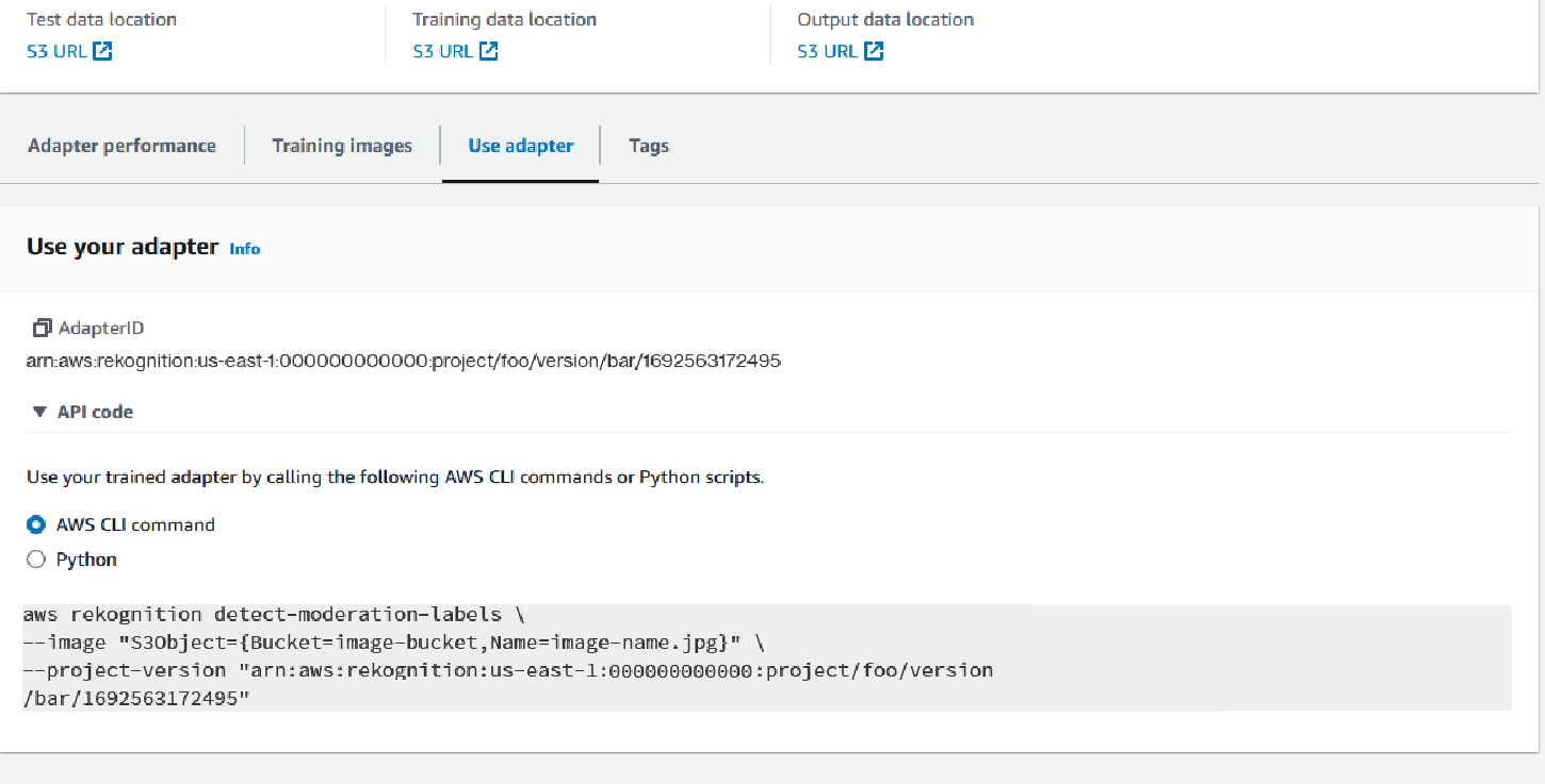 Interface mostrando locais para dados de teste, dados de treinamento e dados de saída com os campos de URL do S3 correspondentes. Opções para usar um adaptador, visualizar imagens e tags de treinamento e acessar detalhes do adaptador, incluindo sua ID e exemplos de código para AWS CLI e Python usarem o adaptador treinado.