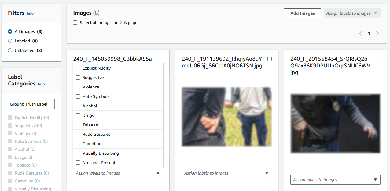 Interface mostrando duas imagens com opções para atribuir rótulos a categorias como nudez explícita, conteúdo sugestivo, violência, símbolos de ódio, álcool, drogas, tabaco etc.