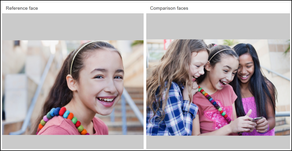 Meninas rindo e se abraçando, com uma garota no centro e uma comparação mostrando os mesmos rostos detectados.