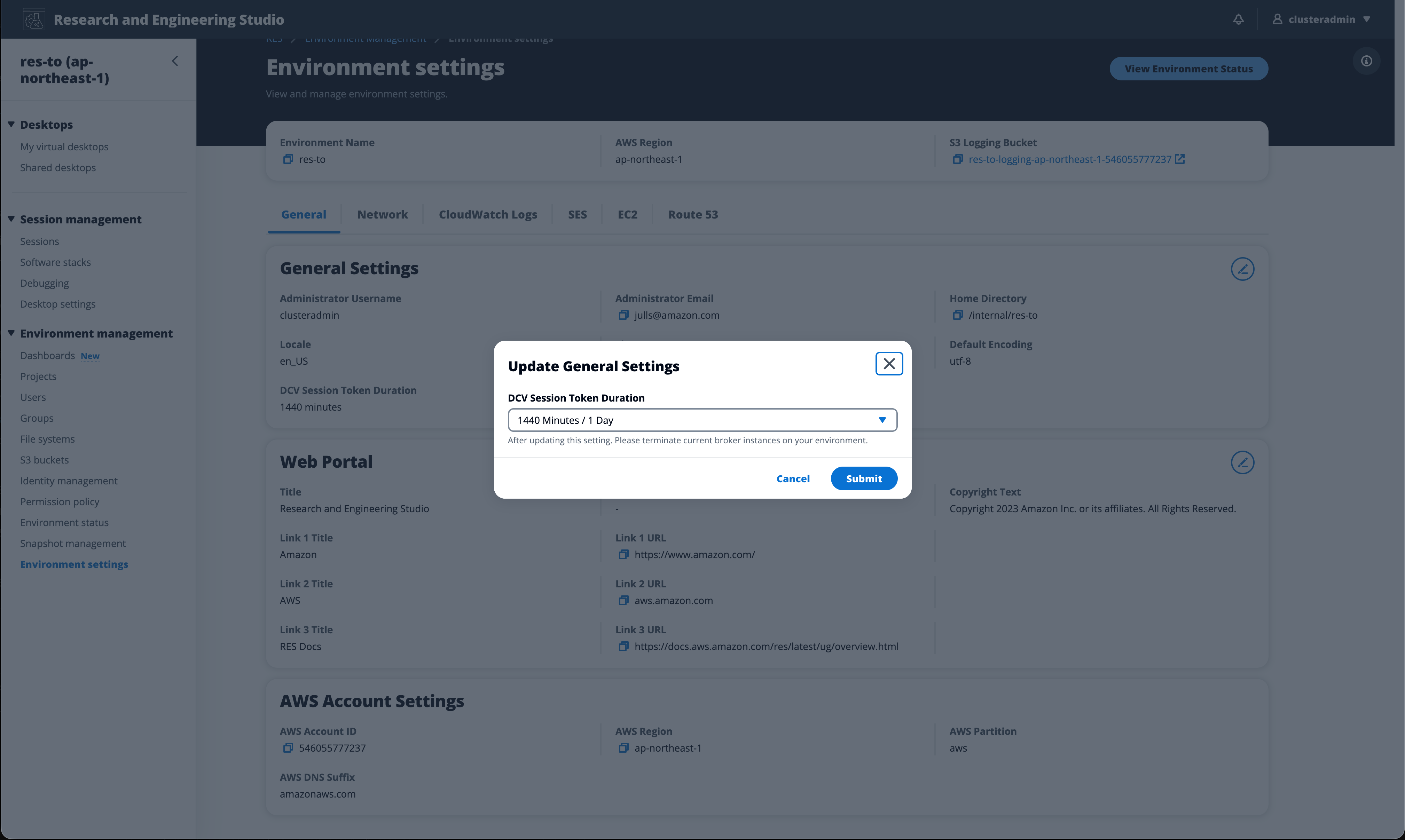 Configuração de expiração do token de sessão DCV em Configurações da área de trabalho
